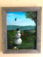 John Kenward Original Painting in Barn Board Frame "Snowman's Dream" 16" x 20"